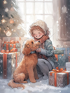 圣诞盒礼物插画图片_可爱的小狗圣诞树下和礼物盒6