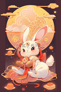 中国风中秋节手绘插画月亮兔子月饼6
