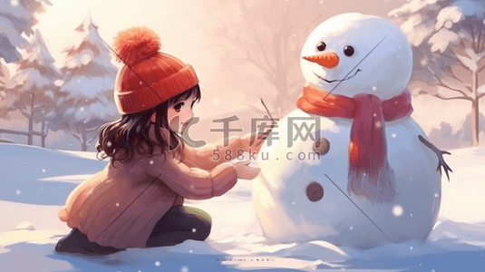 冬季下雪女孩唯美插画图片_手绘可爱女孩跟雪人玩耍插画3