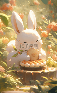 兔子卡通3d插画图片_中秋节3D卡通可爱兔子场景手绘插画