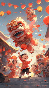 唐装插画图片_新年中国风舞狮手绘插画