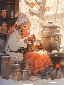 暖和插画图片_冬季火炉边烤火的小女孩插画21