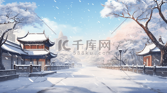 雪山林插画图片_冬季中国风古风建筑山水插画5