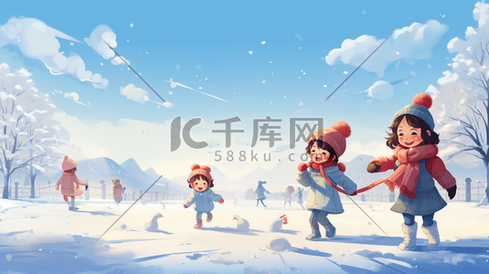 雪地里玩耍插画图片_冬天儿童在雪地里打雪仗插画1