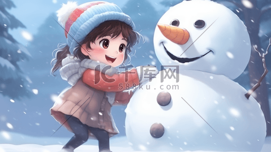 冬季可爱女孩插画图片_手绘可爱女孩跟雪人玩耍插画10