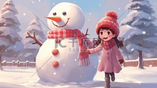 手绘小女孩与雪人嬉戏插画9