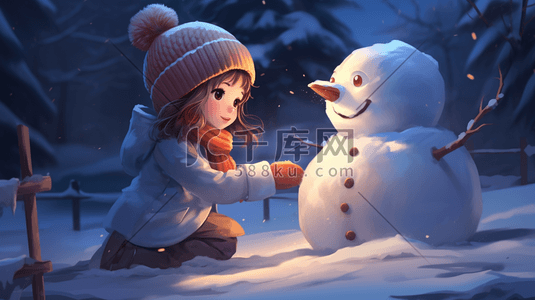 手绘可爱儿童跟雪人玩耍插画1