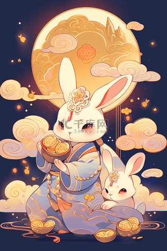 中国风中秋节手绘插画月亮兔子月饼4