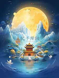 中秋节海报插画图片_山兔子月饼月亮云海中秋节海报20