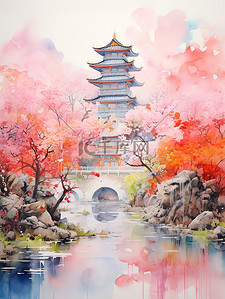 空灵抽象彩色中国风山水插画14