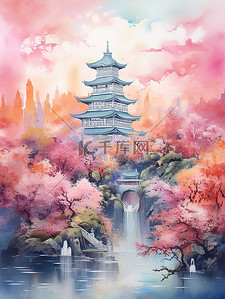 彩色中国风山水插画图片_空灵抽象彩色中国风山水插画18