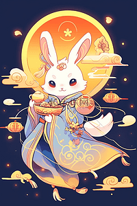 国潮中秋节手绘插画月亮兔子月饼43