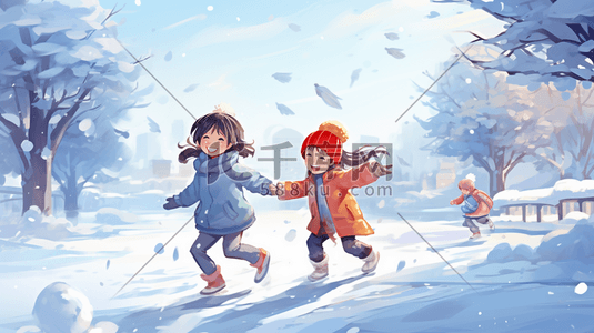 冬天儿童在雪地里打雪仗插画12
