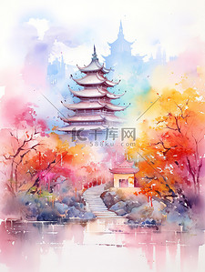 彩色中国风山水插画图片_空灵抽象彩色中国风山水插画12