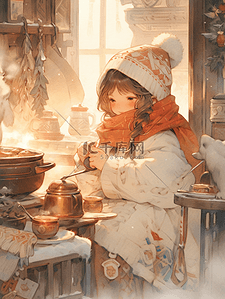 冬季保暖插画图片_冬季火炉边烤火的小女孩插画1