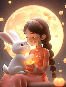 中秋月圆团圆嫦娥仙女兔子3d插画
