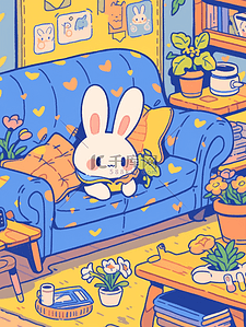 客厅变小插画图片_涂鸦可爱手帐风客厅里的小兔子