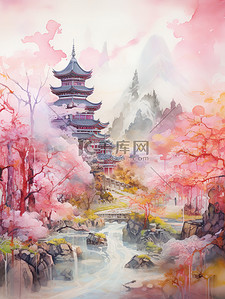 彩色中国风山水插画图片_空灵抽象彩色中国风山水插画2