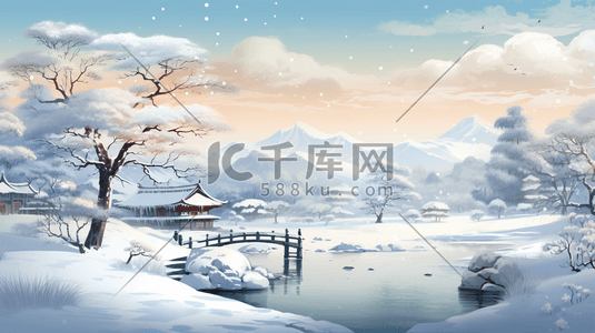 冬季中国风古风建筑山水插画14