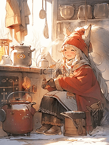 冬季火炉边烤火的小女孩插画16