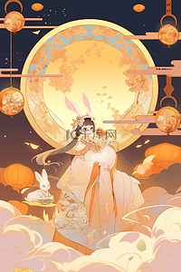 一盘月饼插画图片_中国风中秋节手绘插画月亮兔子月饼37