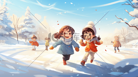 冬季嬉戏插画图片_手绘儿童雪中嬉戏插画3