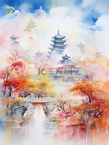 空灵抽象彩色中国风山水插画13