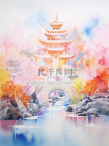 空灵抽象彩色中国风山水插画16