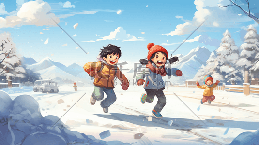 小孩打雪仗插画图片_冬天儿童在雪地里打雪仗插画2