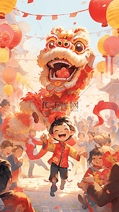 新年舞狮中国风手绘插画