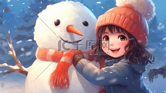 手绘小女孩与雪人嬉戏插画8