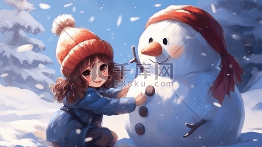 冬季可爱女孩插画图片_手绘可爱女孩跟雪人玩耍插画2