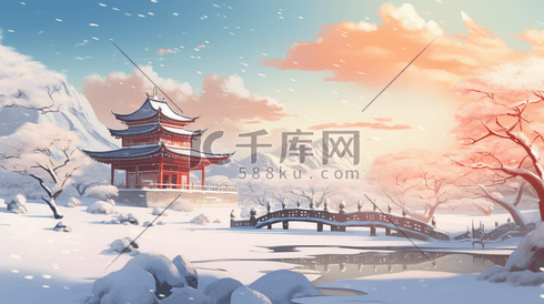 冬季中国风古风建筑山水插画6