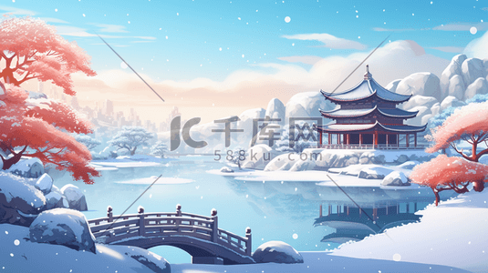 冬季中国风古风建筑山水插画8