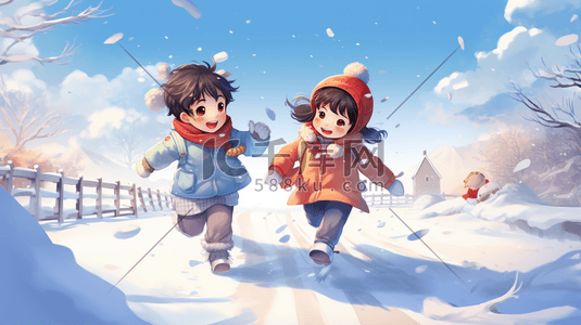 冬季嬉戏插画图片_手绘儿童雪中嬉戏插画5