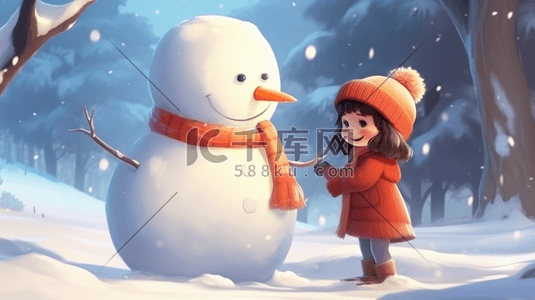 手绘可爱女孩跟雪人玩耍插画5