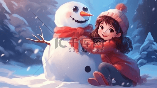 冬季下雪女孩唯美插画图片_手绘可爱女孩跟雪人玩耍插画13