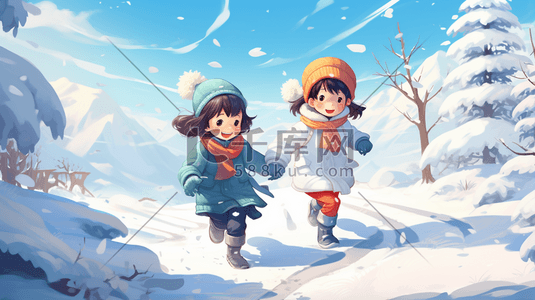 小孩打雪仗插画图片_冬天儿童在雪地里打雪仗插画3