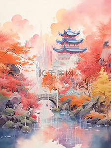 彩色中国风山水插画图片_空灵抽象彩色中国风山水插画15