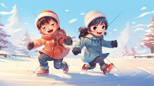 冬天儿童在雪地里打雪仗插画8