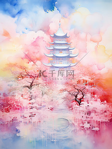 彩色中国风山水插画图片_空灵抽象彩色中国风山水插画10