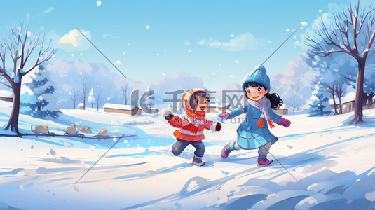 小孩打雪仗插画图片_冬天儿童在雪地里打雪仗插画18