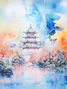 彩色中国风山水插画图片_空灵抽象彩色中国风山水插画17