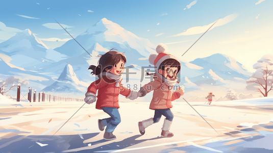 冬天儿童在雪地里打雪仗插画19