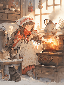 保暖棉拖插画图片_冬季火炉边烤火的小女孩插画10