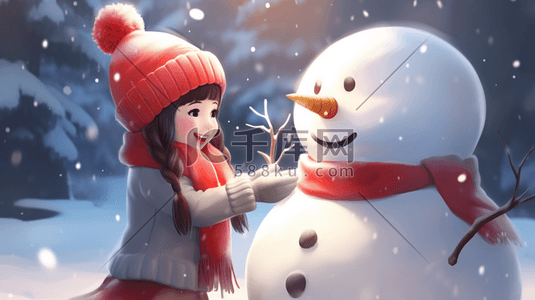 手绘可爱女孩跟雪人玩耍插画17