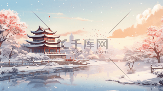 冬季中国风古风建筑山水插画17