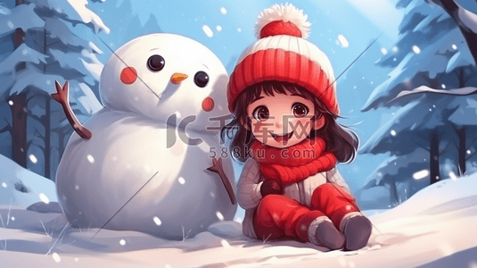 冬季可爱女孩插画图片_手绘可爱女孩跟雪人玩耍插画9