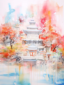 彩色中国风山水插画图片_空灵抽象彩色中国风山水插画19