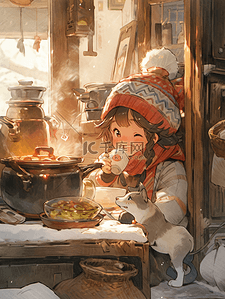 艺术火插画图片_冬季火炉边烤火的小女孩插画15